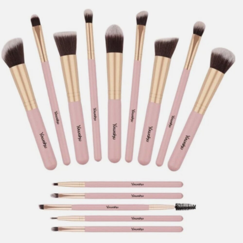 Yuwaku Premium Synthetic 14pcs Kabuki Makeup Brushes Set Pink
